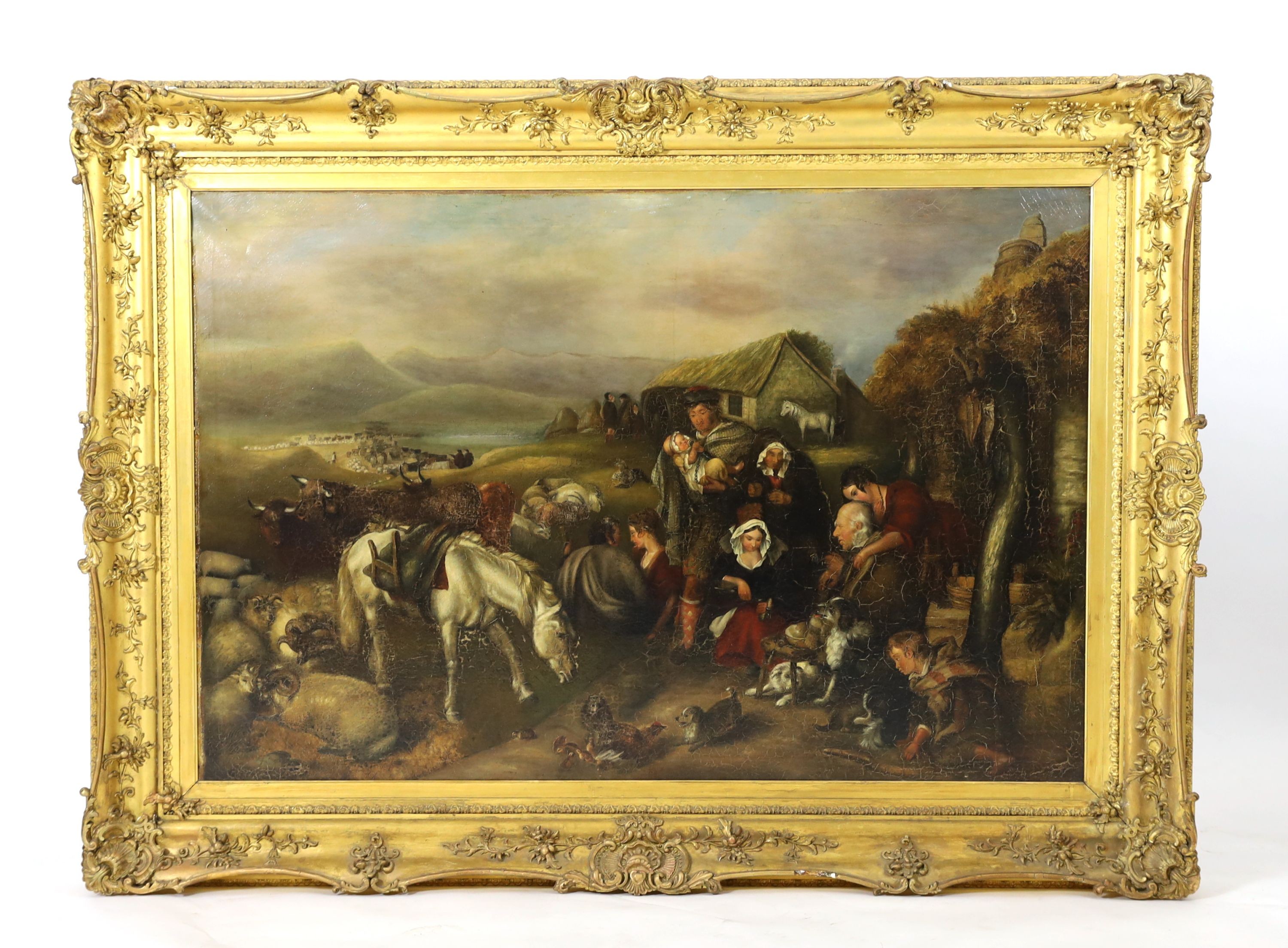19th century Scottish School , Highlanders beside a croft with dogs, ponies, cattle and sheep, oil on canvas, 96 x 144cm